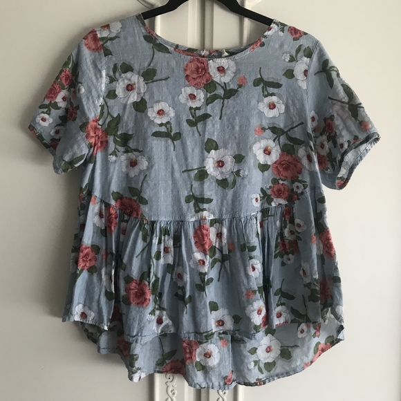 Blue Floral Printed Blouse Size Medium - Picture 2 of 3